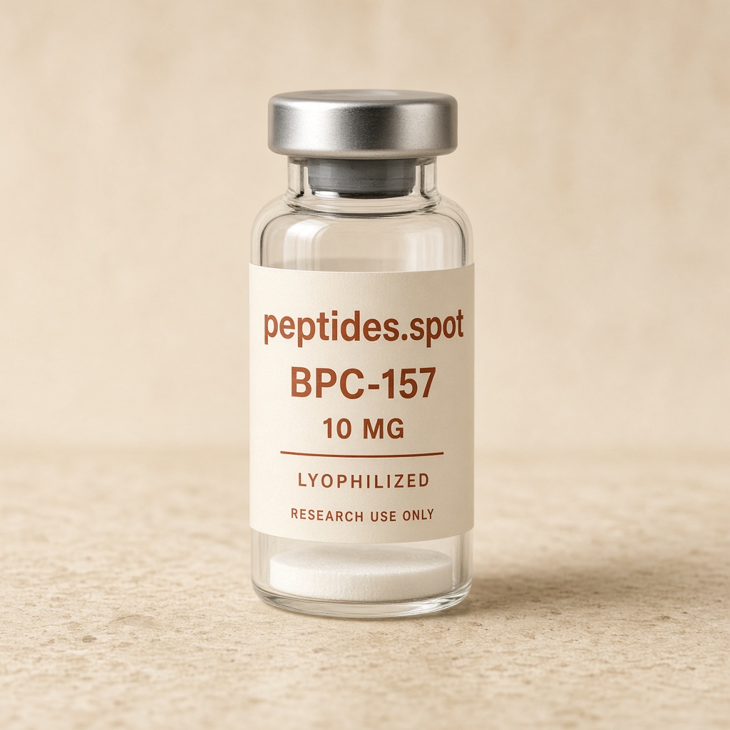 peptides.spot branded BPC-157 research vial with cream and rust label on warm stone.