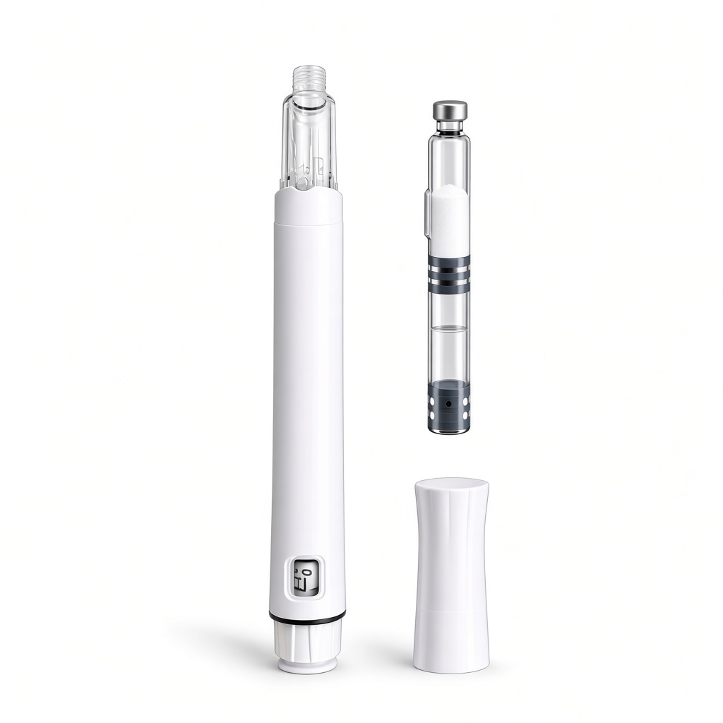 Unlabeled dual-chamber research pen kit: white pen with clear tip housing and dose dial beside dual-chamber cartridge with lyophilized cake and diluent, white cap. peptides.spot.