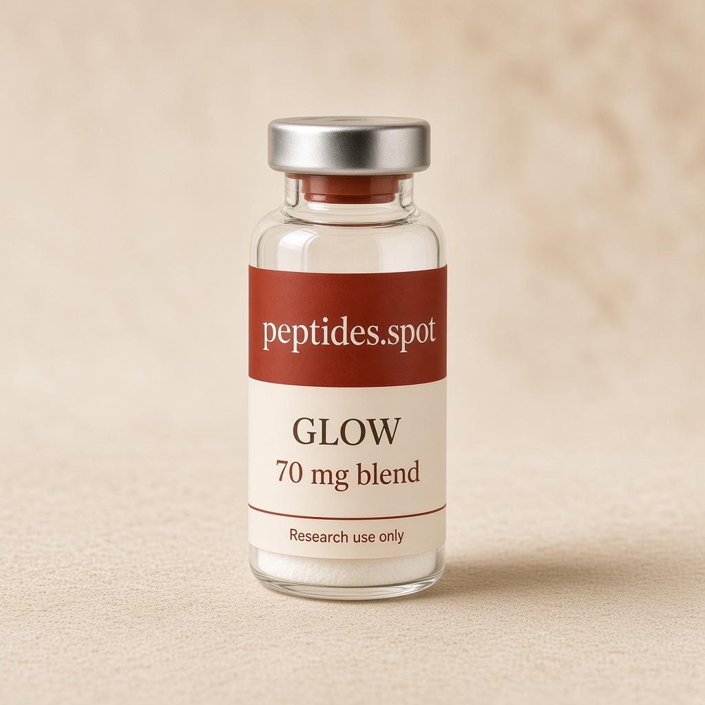 peptides.spot branded GLOW 70 mg blend research vial with cream and rust label on warm stone.
