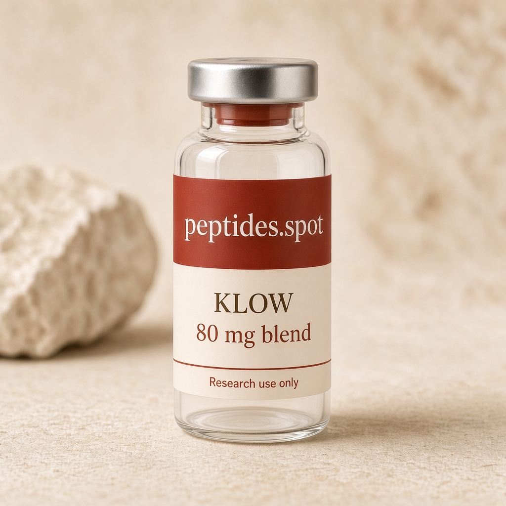 peptides.spot branded KLOW 80 mg blend research vial with cream and rust label on warm stone.