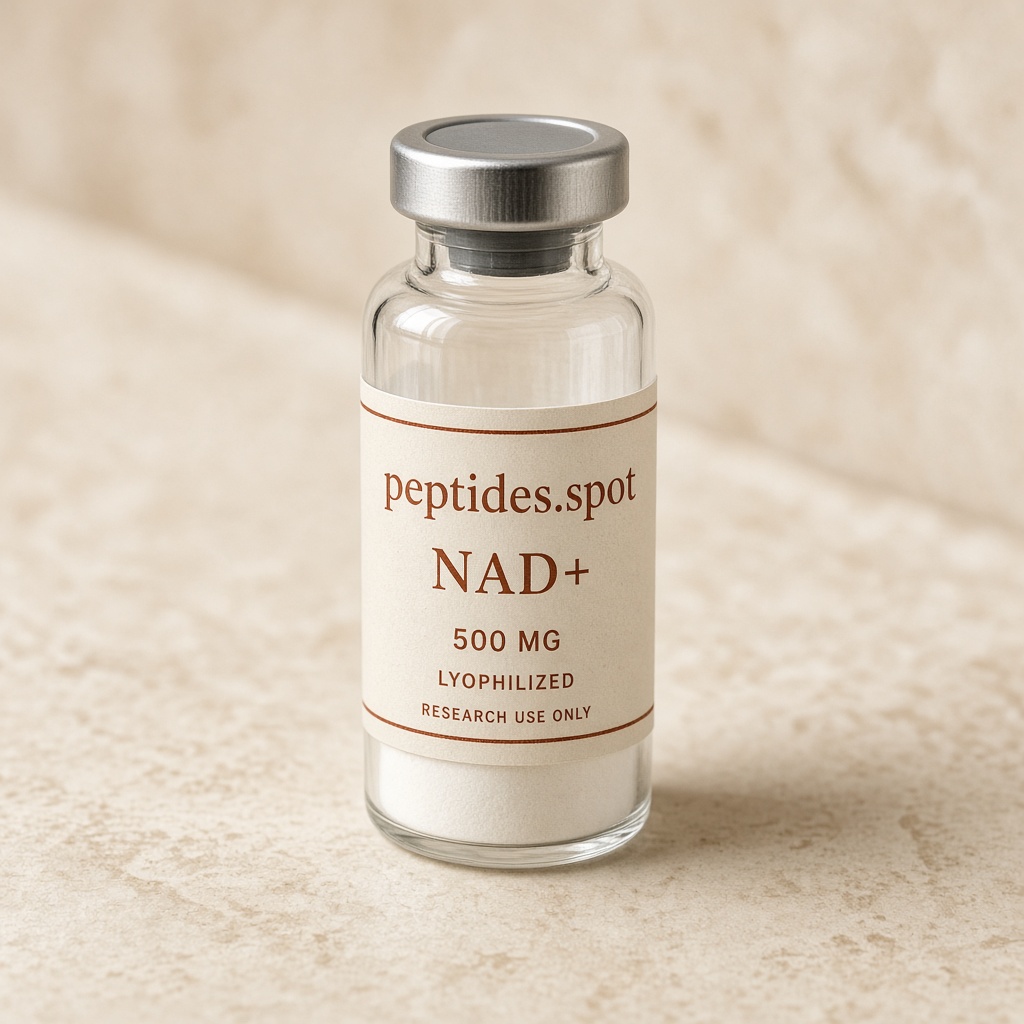 peptides.spot branded NAD+ 500 mg research vial with cream and rust label on warm stone.