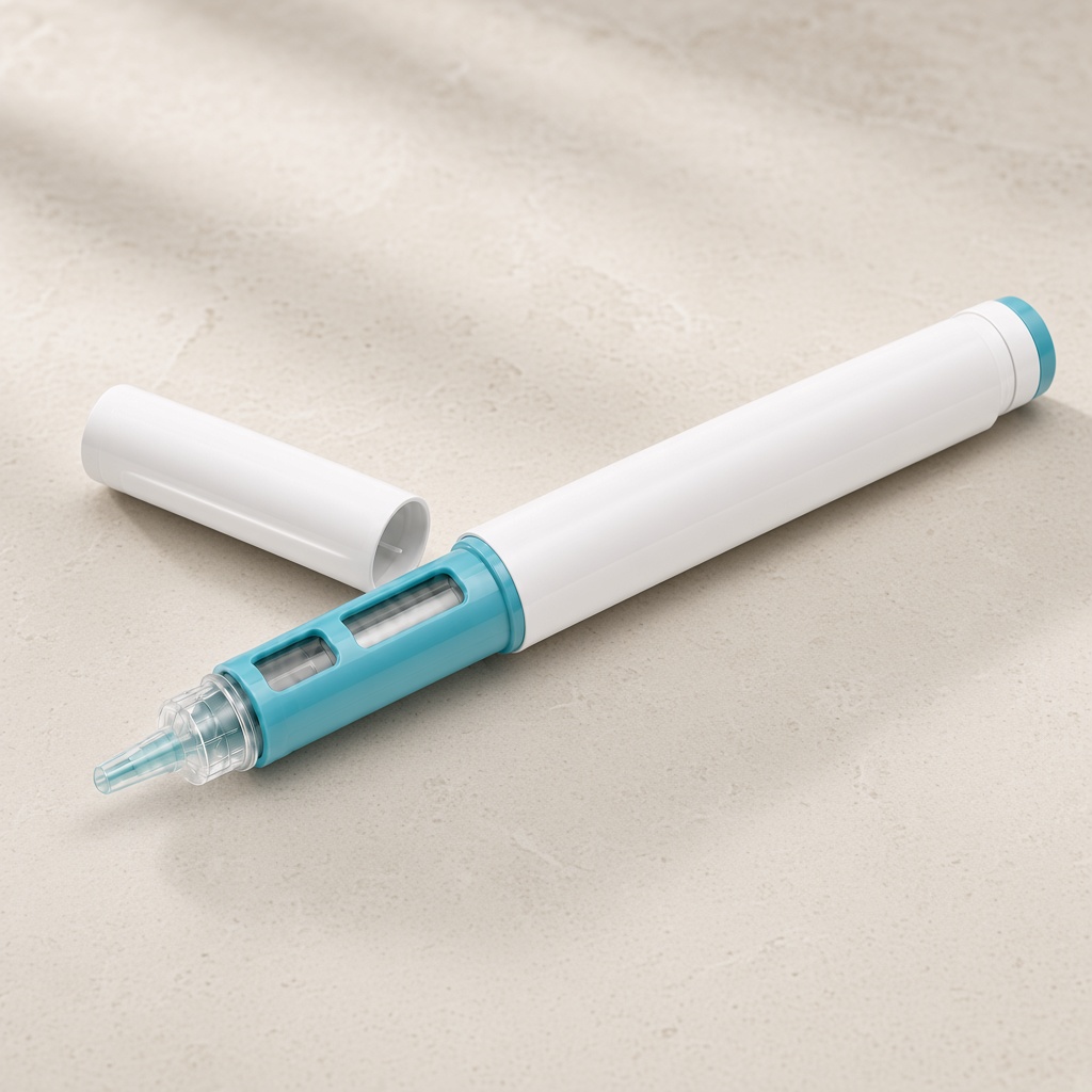 Unlabeled white single-chamber pre-mixed disposable research pen with clear liquid window and white cap on cream stone. peptides.spot Pen Set.
