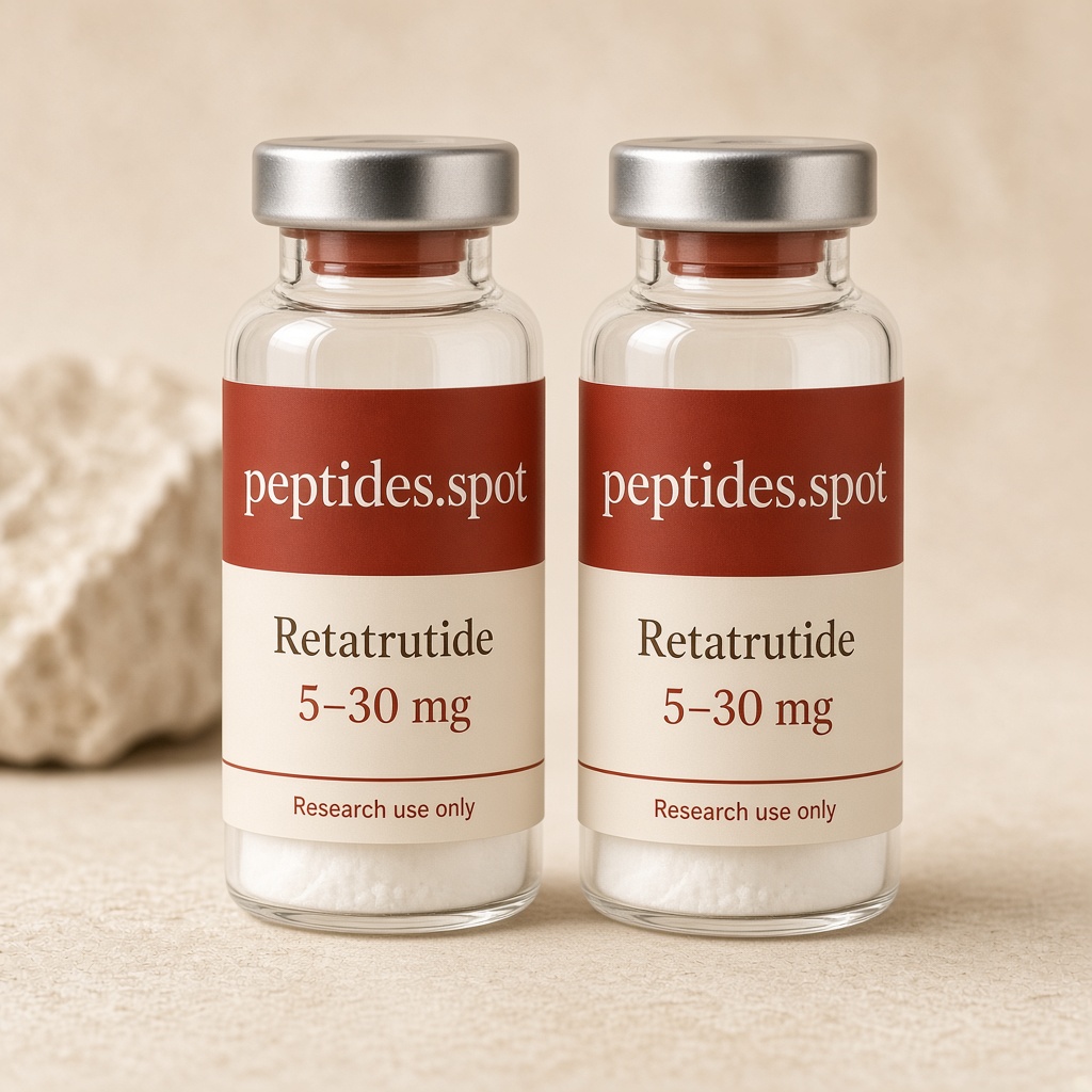 Two clear glass research vials with rust neck bands on cream stone.