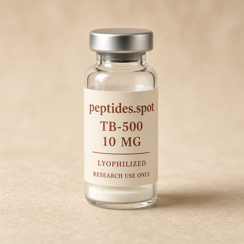peptides.spot branded TB-500 10 mg research vial with cream and rust label on warm stone.