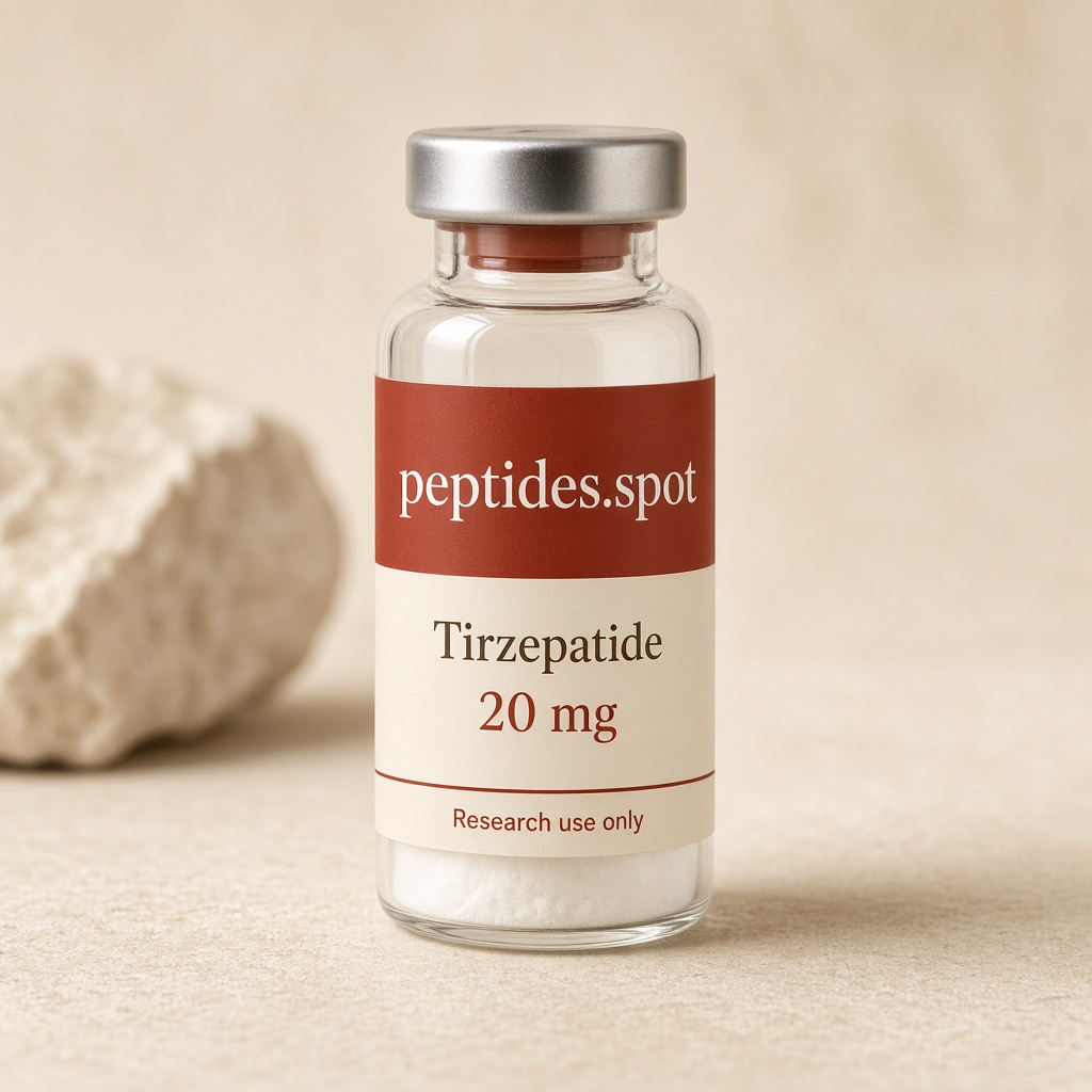 Clear glass research vial with a silver seal and a rust neck band, white powder, on cream stone.